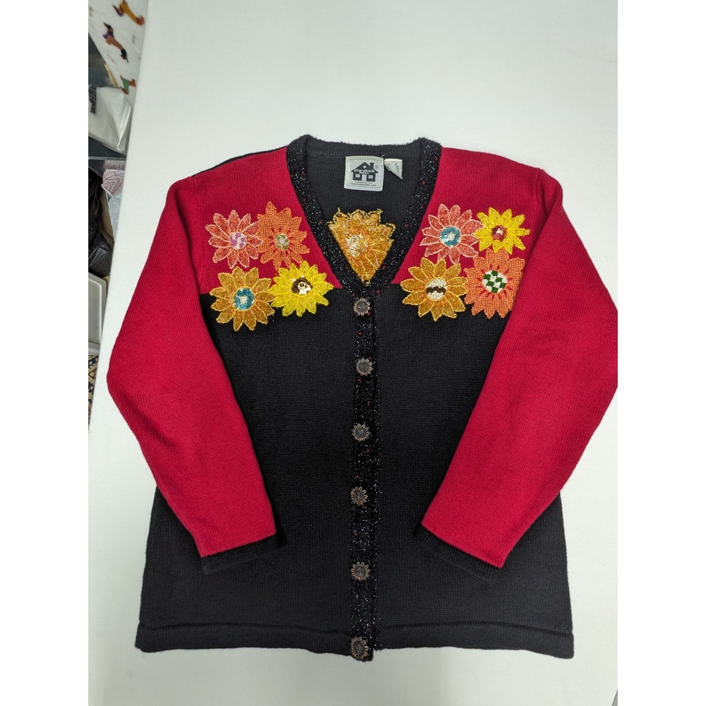 Storybook Knits Vintage Floral Beaded‎ Cardigan Red Black Sunflower Buttons L